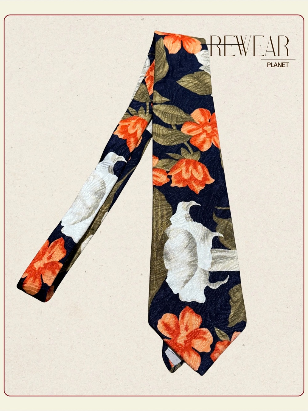 Vintage Raffles Floral Neck Tie Made in USA 100% Rayon Navy Orange White 58”